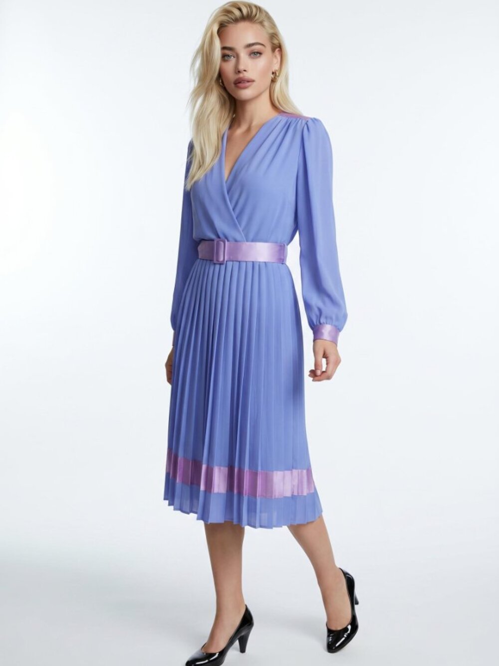 Lisa Michaels Purple Chiffon Belted Pleated 80's Midi Dress 10
